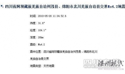 四川北川与茂县发生4.2级地震 成都震感明显