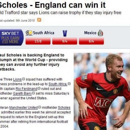 斯科尔斯称英格兰能夺冠 盼伤病远离三狮军团