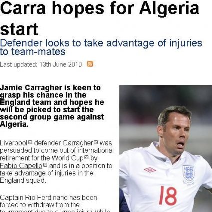 卡拉格盼小组次战首发 用90世界杯鼓舞全队士气