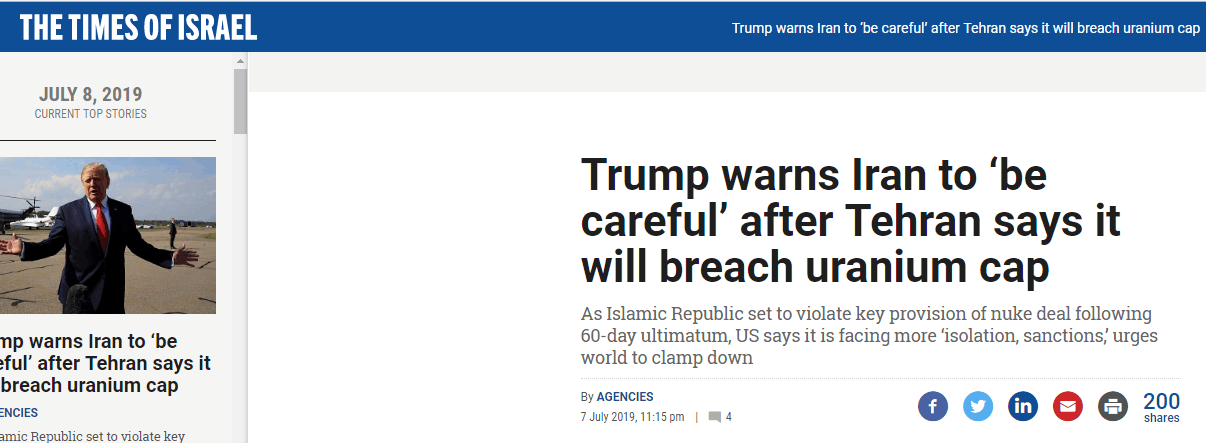 伊提高浓缩铀丰度 特朗普警告:小心点